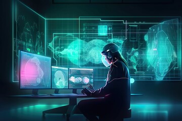 Poster - a person sitting at a desk with a computer and headphones factory animation data analytics generativ