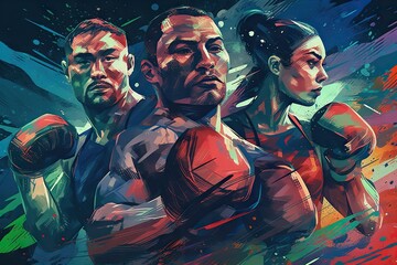 A Painting Of Two Men And A Woman In Boxing Gear With A Background Of Paint Splatters Boxing Gym Mixed Media Digital Illustration Generative AI 