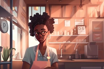 Poster - A Woman In A Kitchen With A Pink Apron On And A Clock In The Background Coffee Shop Animation Animation