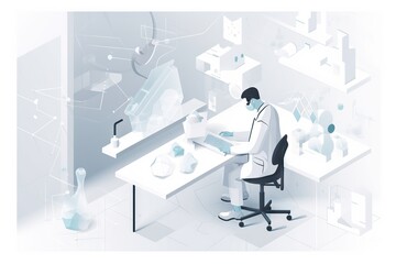 Poster - A Man Sitting At A Desk In Front Of A Computer Monitor Factory Animation Clinical Research Generative AI 