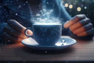 Poster - A Person Holding A Cup Of Coffee With A Steam Rising Out Of It Coffee Shop Animation Motion Graphics Generative AI 