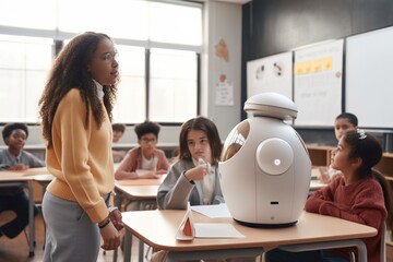 Poster - A Woman Standing In Front Of A Robot In A Classroom With Other Children Classroom Animation Robotics Engineering Generative AI 