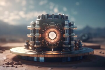 Poster - A Futuristic Clock On A Pedestal In The Desert With A Sky Background Tundra Photorealism Motion Graphics