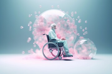 Poster - A Man In A Wheel Chair With Bubbles Around Him And A Bubble Ball In The Background Hospital Advertising Photography Retirement Generative AI 