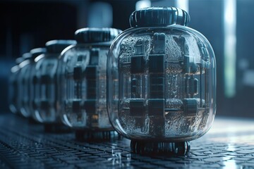 Poster - A Row Of Glass Jars Sitting On Top Of A Table Next To Each Other Factory Photorealism Motion Graphics Generative AI 