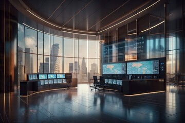 Poster - A Room With A Large Screen And A Chair In It With A City View Conference Room Panoramic Photography Facilities Management Generative AI 