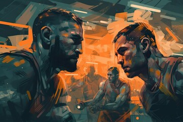 Poster - two men are facing each other in a painting style one is looking at the other boxing gym digital art