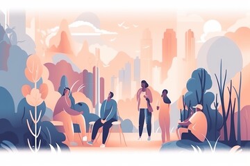 Poster - A Group Of People Standing Around A Park With Trees And Bushes Urban Park At Sunset Animation Motion Graphics Generative AI 