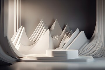 Poster - A White Sculpture Is Sitting On A Pedestal In A Room With Columns Snowy Mountain Peak Kinetic Art Motion Graphics Generative AI 