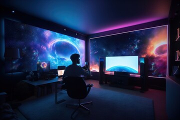 Poster - A Man Sitting In A Chair In Front Of A Tv Watching A Movie Living Room Video Art Smart Home