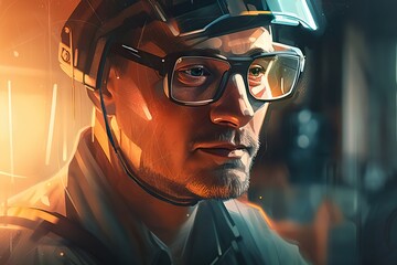 Poster - A Man Wearing A Helmet And Glasses In A Sci - Fi Fific Environment Construction Site Photorealism Digital Illustration Generative AI 