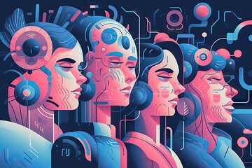 Poster - A Group Of People With Headsets On And A Background Of A Grid Factory Animation Artificial Intelligence