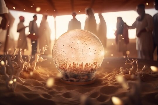 A Group Of People Standing Around A Large Ball In The Sand Desert Photorealism Motion Graphics
