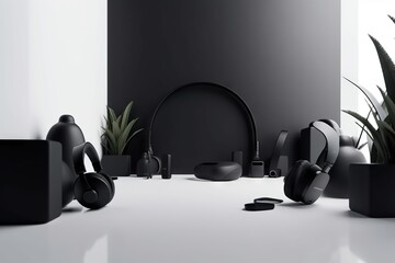 Poster - A Black And White Photo Of A Room With Plants And Headphones Factory Product Photography Consumer Electronics Generative AI 