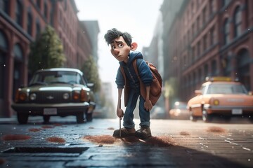 A Cartoon Character Is Standing On The Street With A Backpack And A Backpack Urban Street Animation Animation Filmmaking Generative AI 