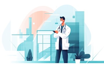 Poster - A Man In A White Coat Standing In Front Of A Building Hospital Advertising Photography Healthcare Administration Generative AI 