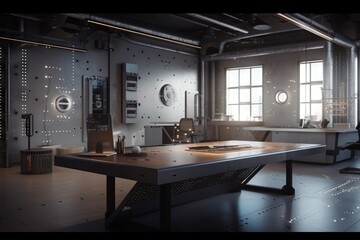 Poster - A Room With A Table And Chairs In It And A Lot Of Windows Abandoned Industrial Warehouse Interior Photorealism Motion Graphics