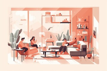 Poster - A Couple Of People Sitting In A Living Room Together On A Couch Living Room Animation Smart Homes Generative AI 