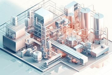 Poster - A Computer Generated Image Of A Factory With Pipes And Tanks On A White Background Factory Animation Manufacturing Planning And Control
