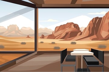 Poster - A Room With A Table And Chairs In It With A Mountain View Desert Minimalism Interior Design Generative AI 