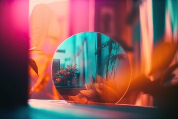 Poster - A Mirror With A Plant In It And A Potted Plant In The Reflection Oasis Stereoscopic Photography Glass Art Generative AI 