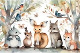 Fototapeta Dziecięca - Adorable animals in trees, Kids room wallpaper design. Generative AI