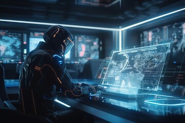Poster - a man in a futuristic suit is working on a computer screen conference room animation cybersecurity