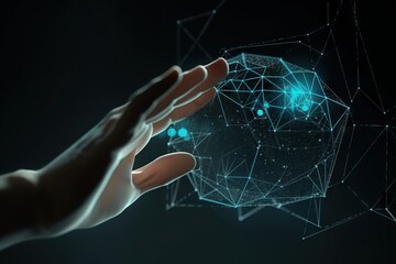 Poster - A Hand Reaching Out Towards A Glowing Object With Blue Lights On It Workshop Animation Supply Chain Optimization Generative AI 