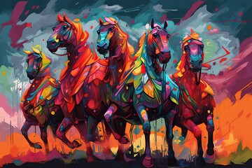 Poster - Three Colorful Horses Are Standing In A Row On A Colorful Background Graffiti Wall Fauvism Creativity