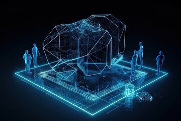 Poster - A Group Of People Standing Around A Structure With A Blue Light Construction Site Installation Art Supply Chain Optimization Generative AI 