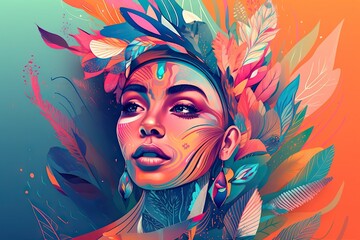 Poster - A Woman With Feathers On Her Head And A Colorful Background With Leaves Savanna Graphic Design Print Design Generative AI 