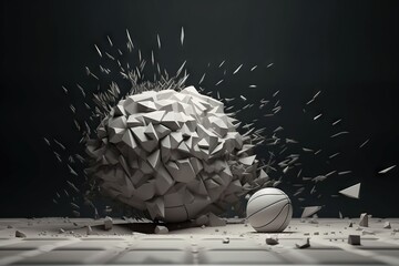Poster - A Basketball Ball Is Hitting A Wall With A Lot Of Debris Basketball Court Kinetic Art Motion Graphics Generative AI 