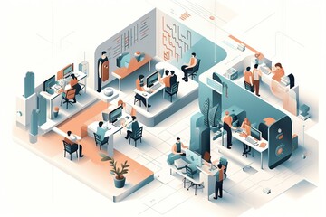 Poster - A Group Of People Working In A Room With A Desk And Chairs Workshop Graphic Design Infographic Design Generative AI 