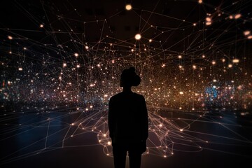 Poster - A Person Standing In Front Of A Wall Of Lights And Lines Science Museum Video Art Supply Chain Optimization Generative AI 