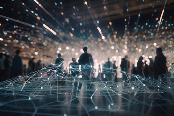 Poster - A Group Of People Standing Around A Room Filled With Lights And Lines Workshop Advertising Photography Supply Chain Optimization