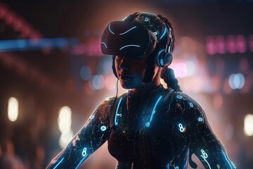 Poster - A Woman In A Futuristic Suit With Headphones On And A Neon Background Nightclub Animation Virtual Reality Generative AI 