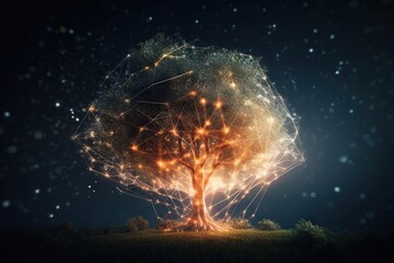 Poster - A Tree With Many Lights In It On A Field With Trees Orchard Environmental Art Supply Chain Optimization Generative AI 