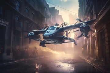 Poster - A Small Plane Flying Over A City Street At Night Time With A Person Standing On The Sidewalk Urban Street Aerial Photography Aerial Photography Generative AI 