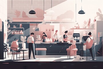 Poster - A Group Of People Standing Around A Kitchen Counter Top Next To A Bar Coffee Shop Paper Cutting Coffee