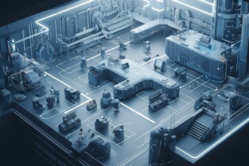 Poster - A Futuristic Machine Room With A Lot Of Equipment In It's Center Factory Animation Manufacturing Planning And Control Generative AI 