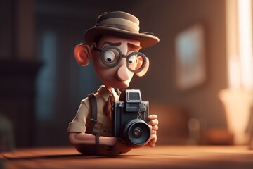 Poster - A Cartoon Character Holding A Camera On A Table In A Room Savanna Photorealism Animation Filmmaking