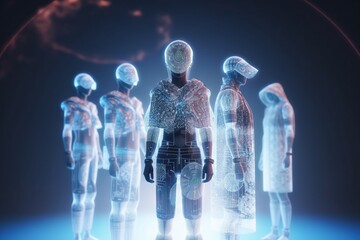 Poster - A Group Of Mannequins Standing In A Line In A Futuristic Environment Factory Animation Wearable Technology Generative AI 
