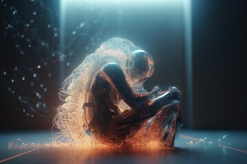 Poster - A Person Sitting On The Ground In Front Of A Light With A Glowing Object Factory Animation Motion Graphics