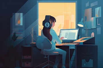 Aufkleber - a woman sitting at a desk with headphones on and a laptop recording studio animation music productio