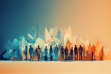 Poster - A Group Of People Standing In Front Of A Mountain Range With A Sky Background Modern City Skyline In The Morning With Sunrise Graphic Design Diversity And Inclusion Generative AI 