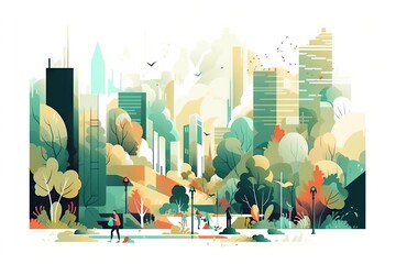 Poster - A City With Trees And Buildings In The Background With Birds Flying Overhead Park Environmental Art Motion Graphics Generative AI 