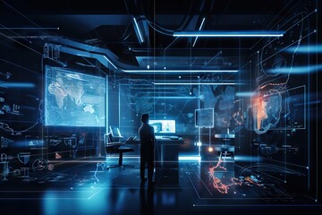 Poster - A Man Standing In A Room With A Lot Of Digital Art Conference Room Panoramic Photography Manufacturing Planning And Control
