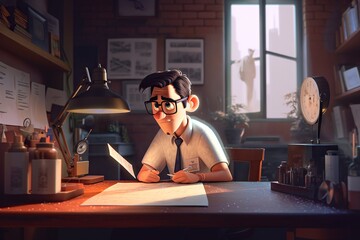 Poster - A Man Sitting At A Desk With A Pen And Paper In Front Of Him Law Office Animation Animation Filmmaking Generative AI 