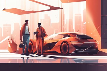 Poster - Two Men Standing Next To A Car In A City Setting With A Cityscape In The Background Car Dealership Animation Automotive Design