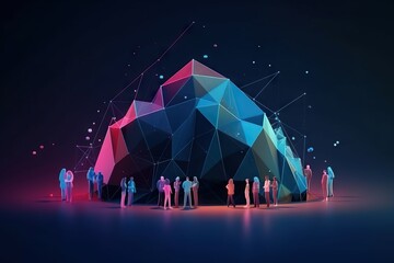 Poster - A Group Of People Standing In Front Of A Mountain With A Geometric Design Iceberg Animation Motion Graphics Generative AI 